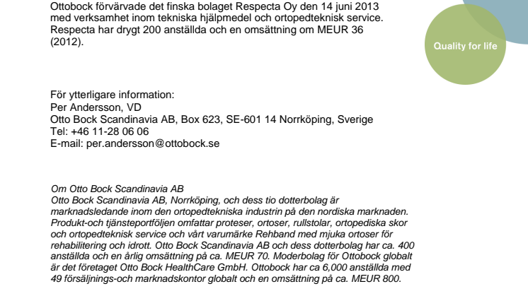Ottobock förvärvar Respecta Oy, Finland