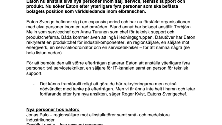 Eaton Sverige växlar upp – anställer elva personer 