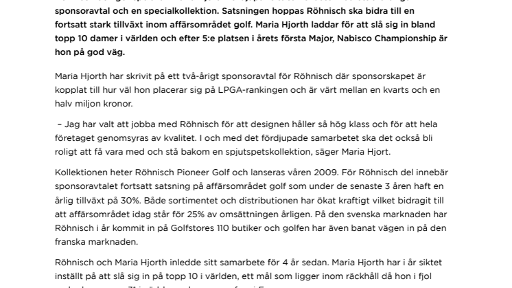 Maria Hjorth i stort sponsoravtal med Röhnisch