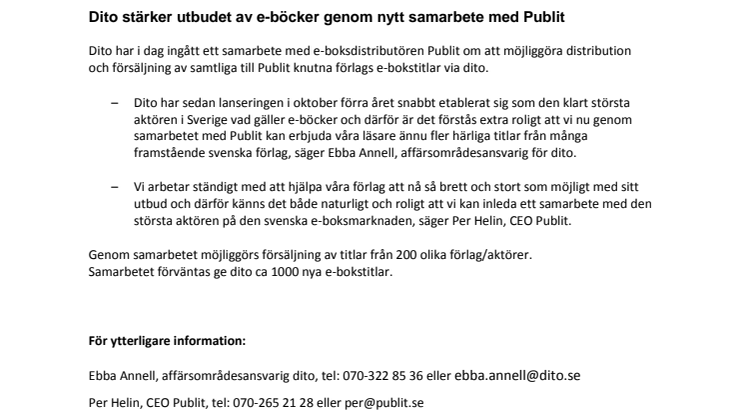 Dito stärker utbudet av e-böcker genom nytt samarbete med Publit 