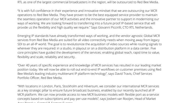 Red Bee Media to provide Dutch Broadcaster RTL with Business-Critical IP Based MCR Services