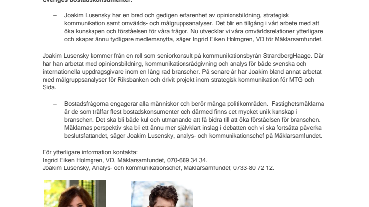 Joakim Lusensky ny analys- och kommunikationschef på Mäklarsamfundet