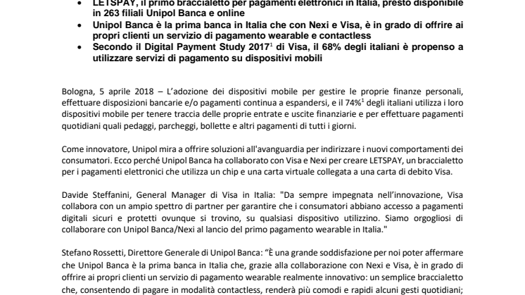 Unipol Banca e Visa insieme per offrire una nuova esperienza di pagamento ai clienti Unipol con LETSPAY