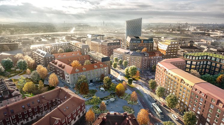 Visionsbild över Gamlestads torg i framtiden. Illustration: White arkitekter