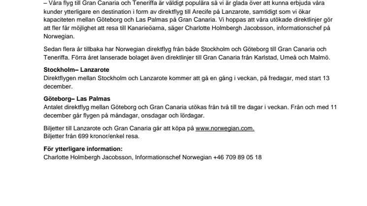 Fler direktlinjer till Kanarieöarna: Norwegian lanserar direktflyg Stockholm – Lanzarote 