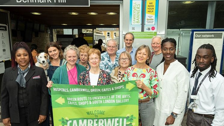 Jenny Agutter (holding banner on right) is calling on commuters to vote for Denmark Hill in the World Cup Of Stations (download below)