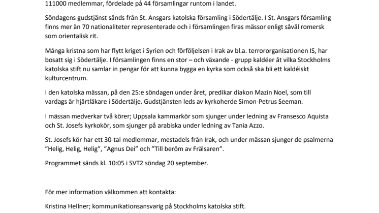 Katolsk mässa sänds i ”Gudstjänst” på SVT2 söndagen 20 september