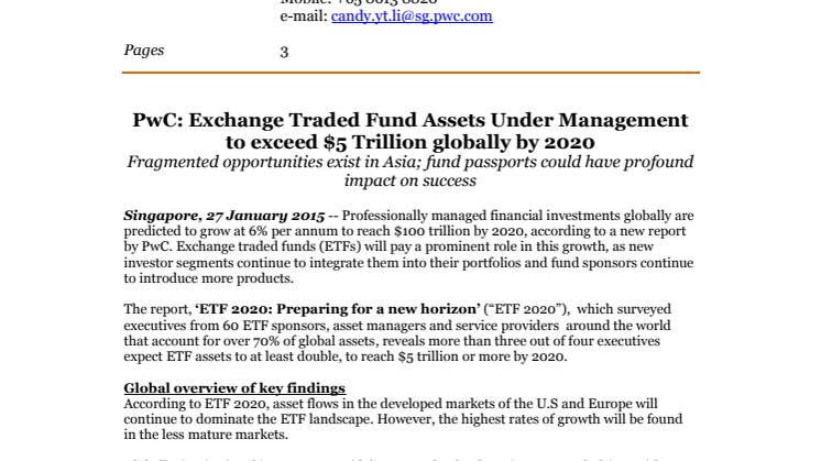 PwC: Exchange Traded Fund Assets Under Management to exceed $5 Trillion globally by 2020 