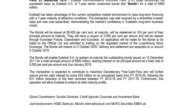 Eutelsat announces successful 7-year bond issuance