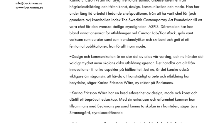 Karina Ericsson Wärn ny rektor på Beckmans Designhögskola