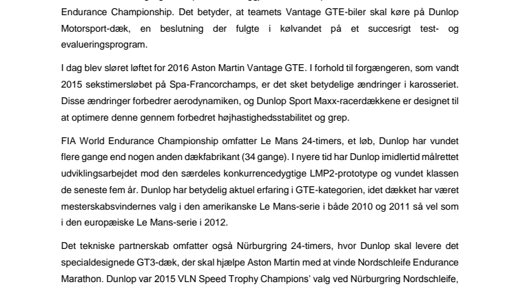 Aston Martin Racing og Dunlop indgår teknisk partnerskab
