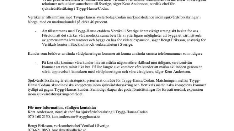Trygg-Hansa utökar samarbetet med norska Vertikal Helse inom sjukvårdsförsäkring 