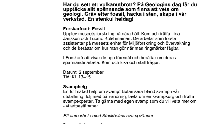 Det händer på Naturhistoriska riksmuseet i september