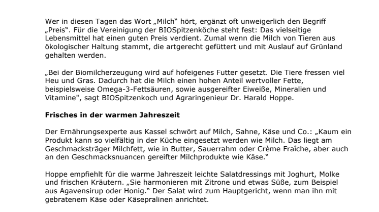 ﻿﻿Biomilch bringt Vielfalt in die Sommerküche