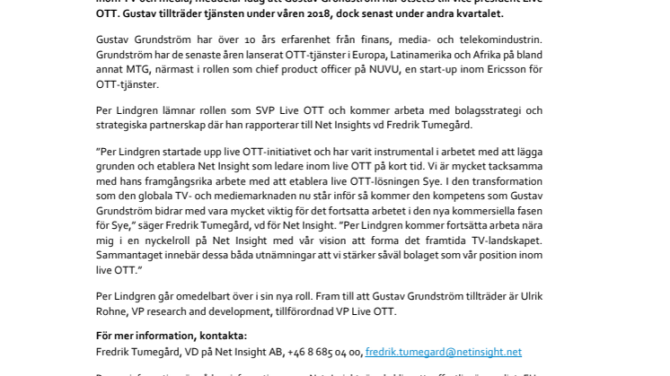 Net Insight meddelar förändring i ledningsgruppen