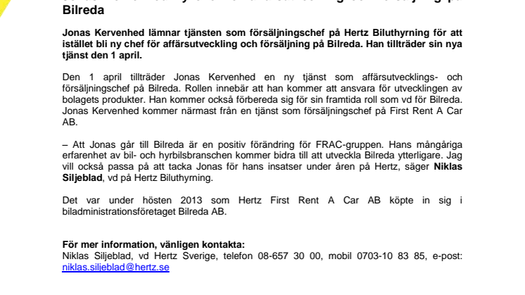 Jonas Kervenhed ny chef för affärsutveckling och försäljning på Bilreda