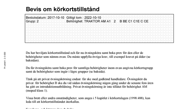 Bevis om körkortstillstånd - exempel