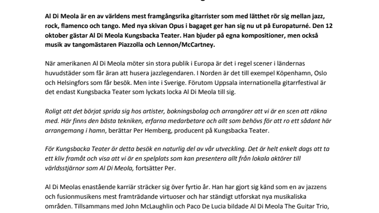 Världsartisten Al Di Meola kommer till Kungsbacka