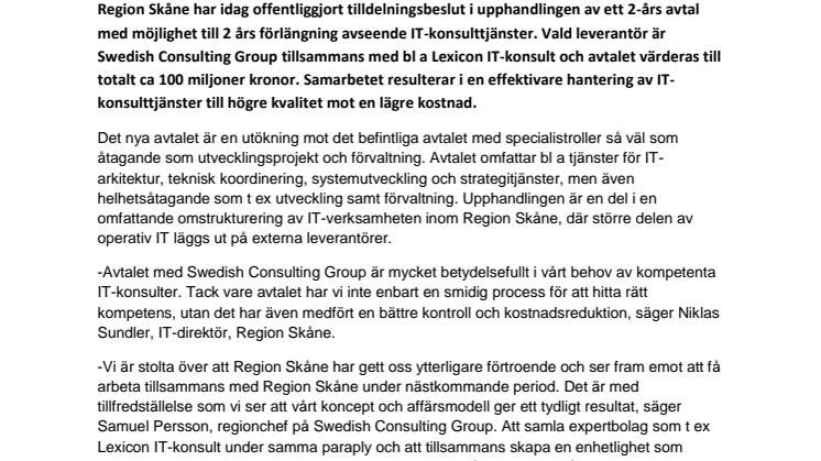 Region Skåne ger Swedish Consulting Group i samarbete med Lexicon IT-konsult nytt och utökat avtal.