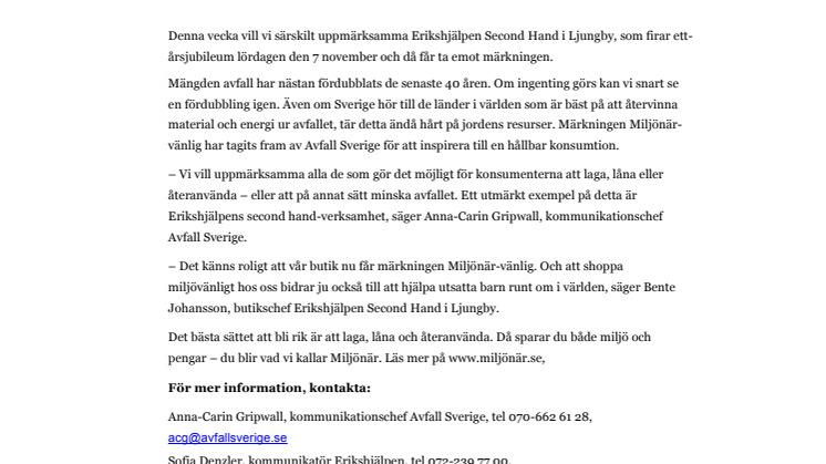 Erikshjälpen i Ljungby får guldmärket Miljönär-vänlig