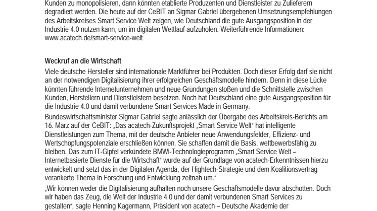 Aufholen im digitalen Wettlauf – Arbeitskreis Smart Service Welt übergibt Bericht an Sigmar Gabriel 