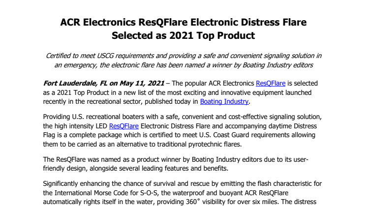 ACR Electronics ResQFlare Electronic Distress Flare Selected as 2021 Top Product 