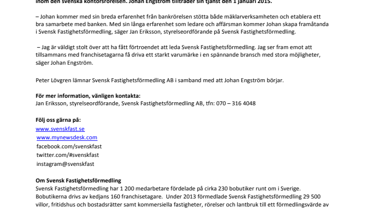 Johan Engström ny vd för Svensk Fastighetsförmedling AB