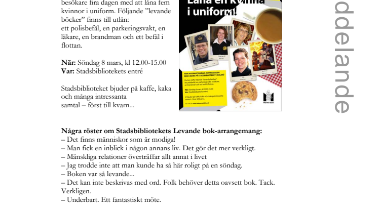 Stadsbiblioteket i Malmö söndag 8 mars: Låna en kvinna i uniform!