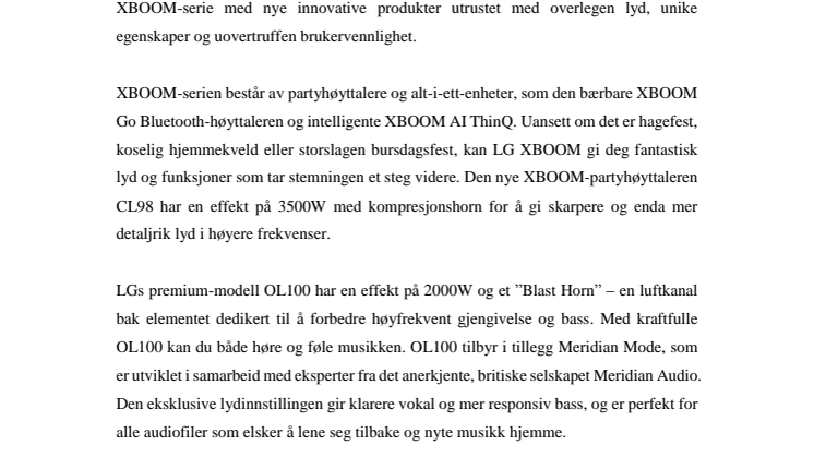 LG presenterer spennende lydopplevelser med  nye XBOOM-modeller på CES 2019