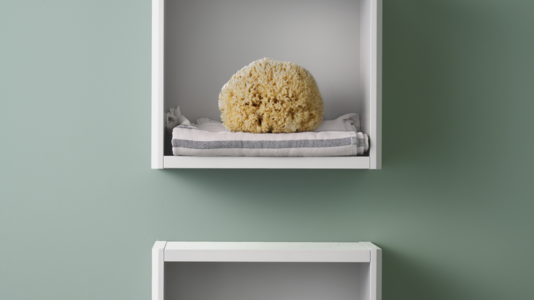 Open strorage cube, Graphic bathroom furniture, gray.