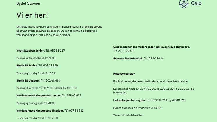Ungdomstilbud april 2020 - kontaktinformasjon og telefontider