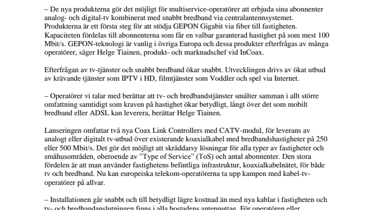 InCoax lanserar produkter för europeiska operatörer