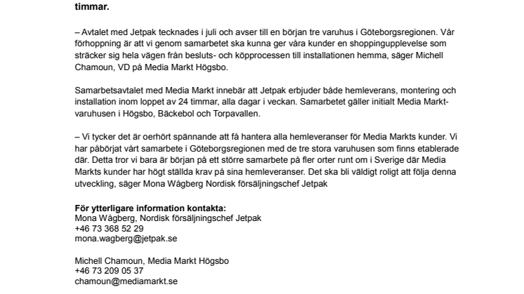 Jetpak och Media Markt tecknar avtal gällande hemleveranser och installationer