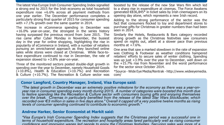 Visa Europe's Irish Consumer Spending Index - 11 January 2016
