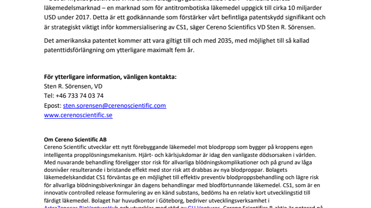 Cereno Scientific får beviljat patent i USA för användning av läkemedelskandidaten CS1