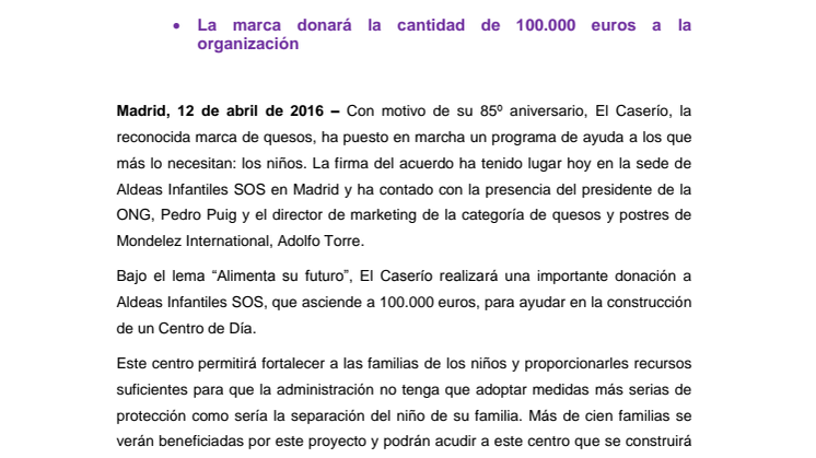 El Caserío colabora con Aldeas Infantiles SOS  en la construcción de un Centro de Día