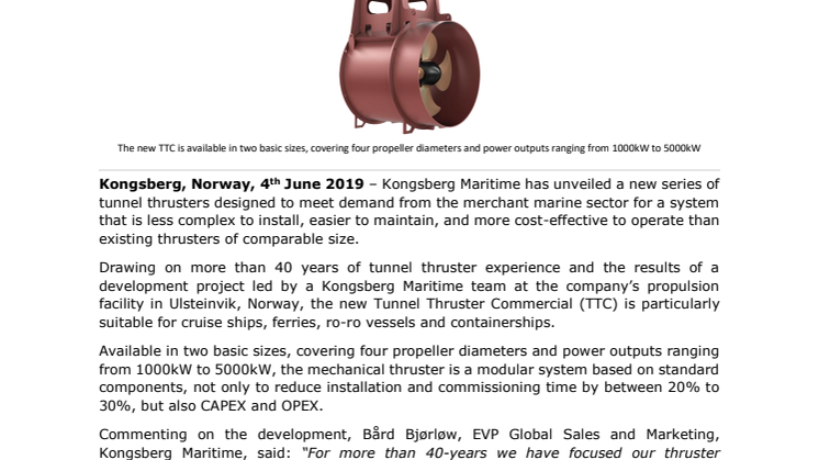 Kongsberg Maritime unveils new cost-effective tunnel thrusters for merchant sector 