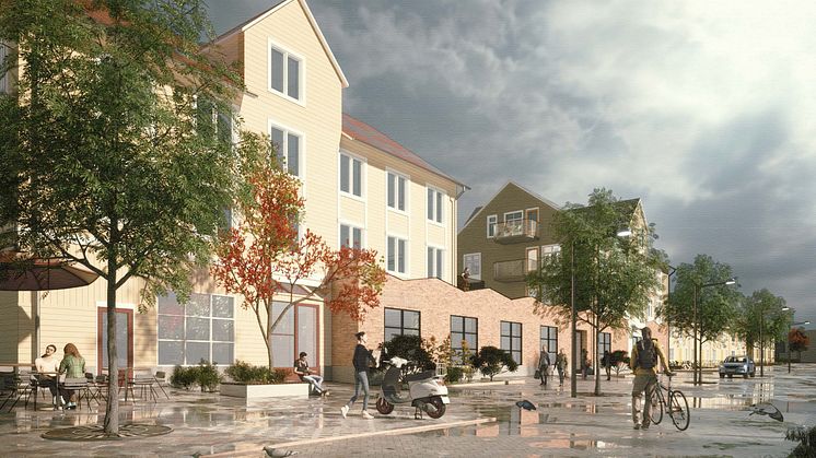 Visionsbild över bostäder och handel intill torget och parken. Illustrationen är ritad av Arkivist arkitekter i samarbete med Credentia AB.