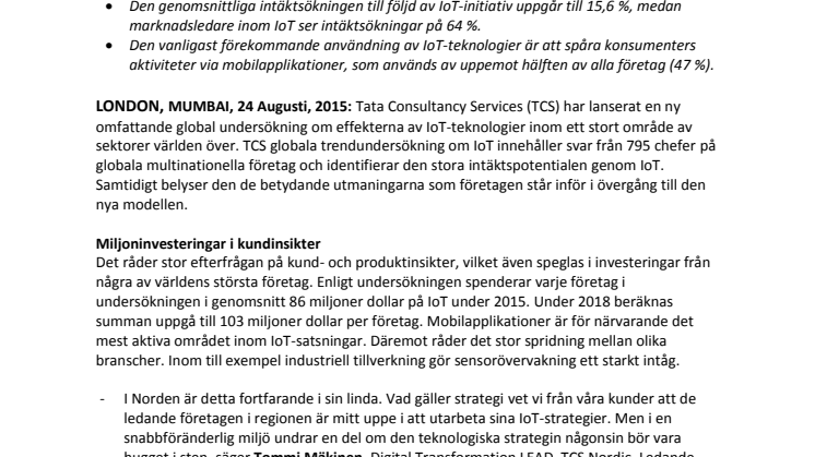 TCS-undersökning: 80 % av företagen ökade sina intäkter genom investeringar i Internet of Things