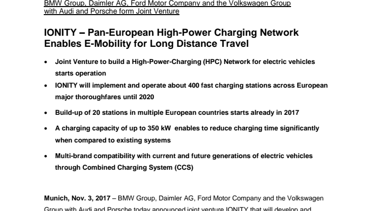 IONITY – Pan-European High-Power Charging Network Enables E-Mobility for Long Distance Travel 