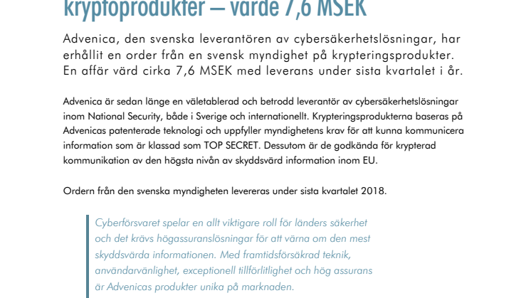Ny order från svensk myndighet på Advenicas kryptoprodukter – värde 7,6 MSEK