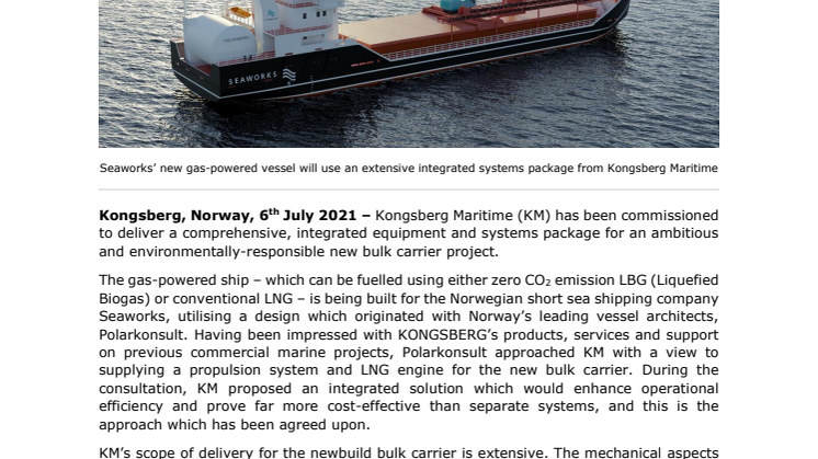KONGSBERG supplies integrated propulsion, electro and automation package for eco-friendly bulk carrier