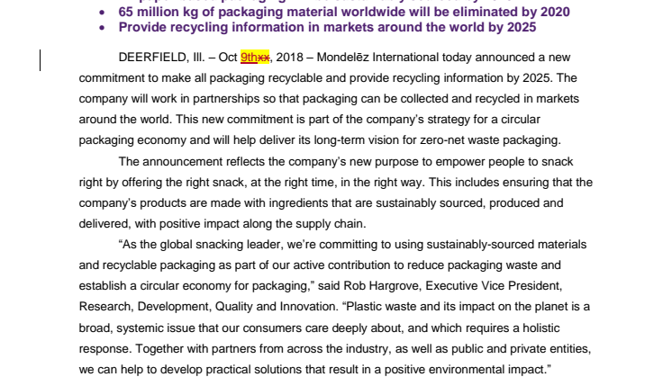 Mondelēz International ställer om till återvinningsbara förpackningar före 2025 