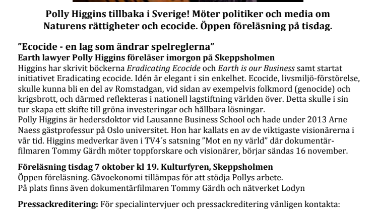 Polly Higgins tillbaka i Sverige! Möter politiker och media om Naturens rättigheter och ecocide. Öppen föreläsning på tisdag.