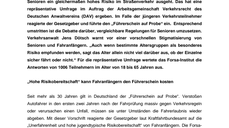 Fahranfänger vs. Senioren! Von wem geht ein höheres Risiko für die Sicherheit im Straßenverkehr aus? 