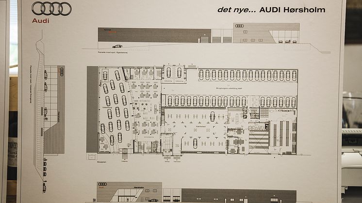 Audi Hørsholm første spadestik - projekttegning over stueplanet af det nye bilhus