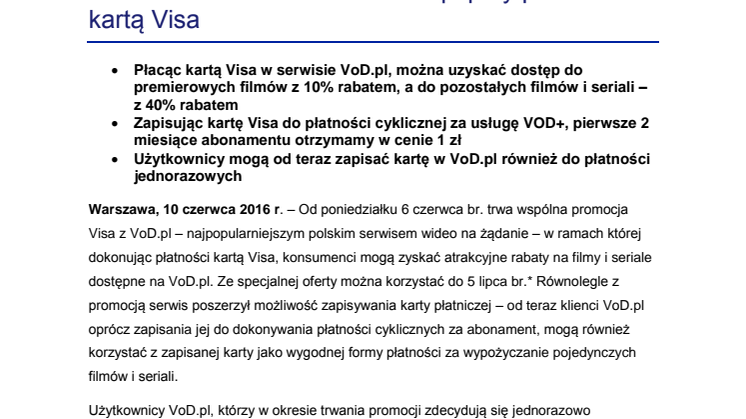 Do 40% rabatu w serwisie VoD.pl przy płatności kartą Visa