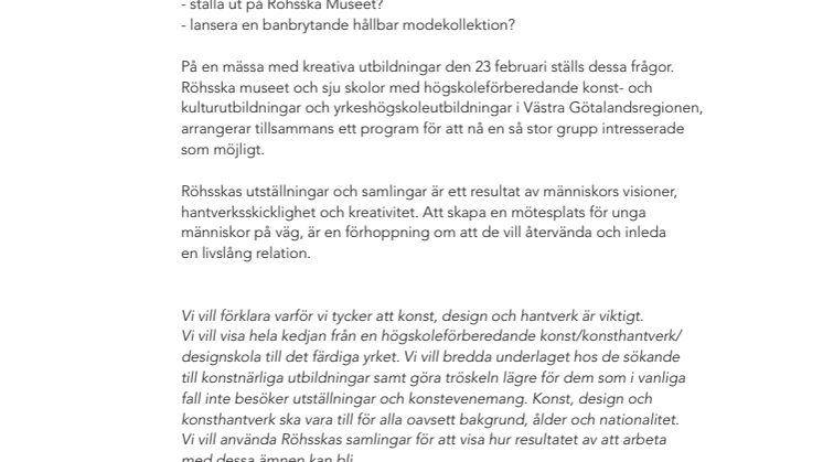 Påminnelse om Eftergymnasial mässa på Röhsska museet
