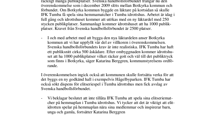 IFK Tumba handboll får inte spela i Tumba idrottshus