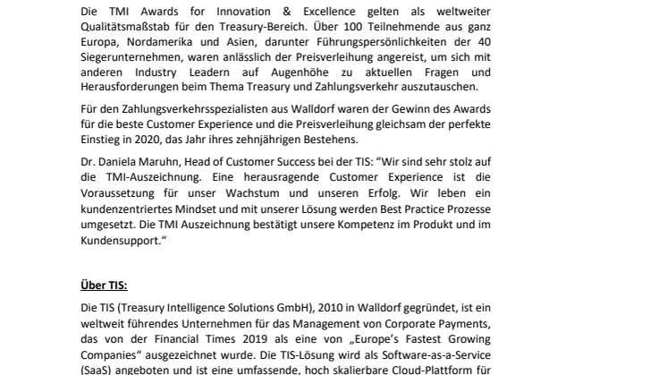 TMI-Preisverleihung in London: TIS für die beste Customer Experience ausgezeichnet